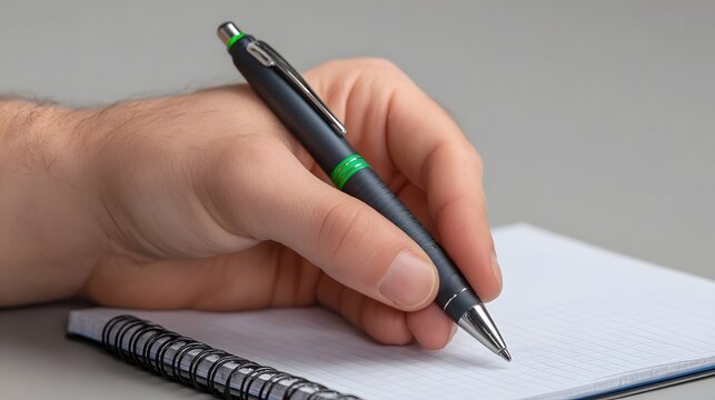 A hand holding a black pen with green accents writing in a white lined notebook