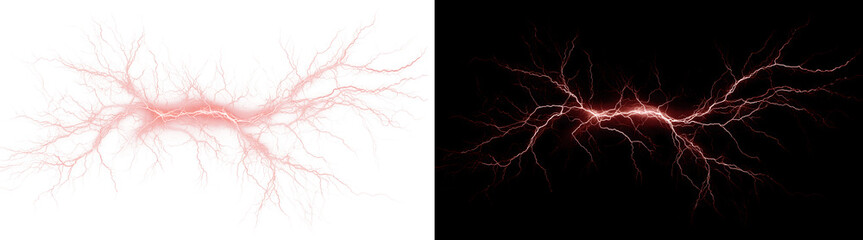 Obraz na płótnie Canvas Red Lightning Burst with Electric Branches and Glowing Core on Black Background