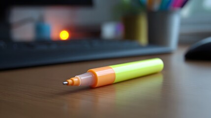 A bright yellow and orange marker pen lies uncapped on a wooden desk with a blurred background of office supplies and warm lights