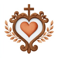Watercolor cartoon clipart of carved wooden icon frame with heart and cross design for decorative projects on white background