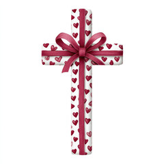 Watercolor cartoon cross wrapped in heart ribbon, perfect for holiday greeting cards and spiritual designs on white background