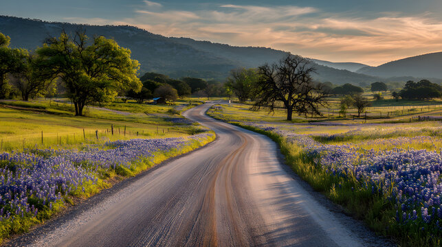 4K Winding dirt road through a vibrant field of texas bluebonnets and wildflowers with rolling hills and trees under a beautiful sunset sky image