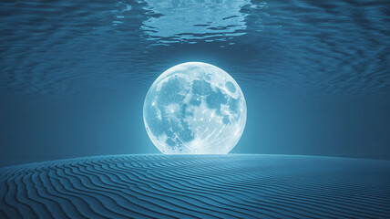 Glowing full moon rising over rippled sand underwater scene