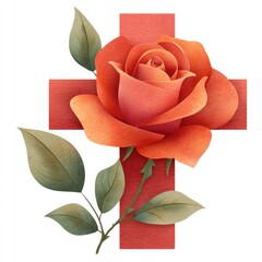 Watercolor cartoon of glowing cross with blooming rose for religious art and floral design on white background
