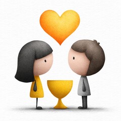 Whimsical love: watercolour cartoon with golden chalice and heart for romantic design on white background