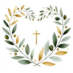 Watercolor cartoon heart shaped wreath of olive branches with cross design for decoration and celebration on white background