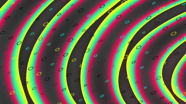 Vibrant abstract pattern with concentric rainbow-colored wavy rings and scattered colorful oval shapes on a dark background, creating a psychedelic visual effect.