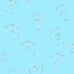 seamless continuous pattern of spring silver gradient tulips on a blue  background.eps