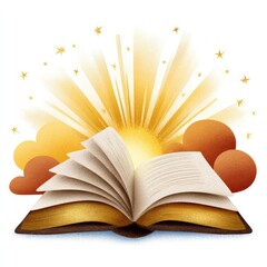 Watercolor cartoon illustration of an open bible with radiant golden light for inspirational and faith-related design on white background