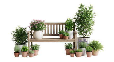 Rustic Wooden Garden Bench with Potted Plants on White Background &mdash; Natural, Serene, Inviting &mdash; Ideal for Home Decor, Gardening, or Outdoor Lifestyle Branding.
