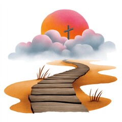 Watercolor cartoon pathway through clouds with cross symbol in serene sunset on white background