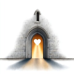 Watercolour cartoon clipart of open cathedral door with heart light embrace spirituality concept on white background