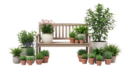Rustic Wooden Garden Bench with Potted Plants on White Background &mdash; Natural, Serene, Inviting &mdash; Ideal for Home Decor, Gardening, or Outdoor Lifestyle Branding.
