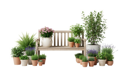 Rustic Wooden Garden Bench with Potted Plants on White Background &mdash; Natural, Serene, Inviting &mdash; Ideal for Home Decor, Gardening, or Outdoor Lifestyle Branding.
