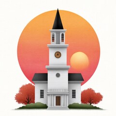 Watercolor cartoon sunrise behind church steeple illustration for inspirational designs and greeting cards on white background