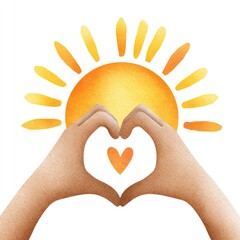 Watercolor cartoon art of hands forming heart shape with radiant sun for love and friendship themes on white background