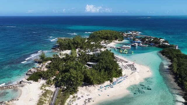 Blue Lagoon Island At Nassau In New Providence Bahamas. Beach Landscape. Shades Of Blue Watercolor. Travel Destination. Blue Lagoon Island In Nassau In New Providence Bahamas. Nature Seascape.