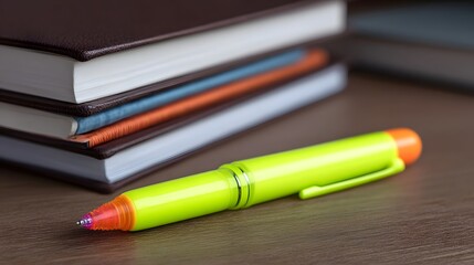 Fototapeta premium A vibrant neon green pen with an orange cap is placed on a textured wooden desk beside a stack of study books suggesting prepa n for work or