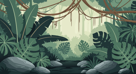 Lush jungle landscape with exotic plants, vines, and a winding stream, evoking a sense of wild nature and adventure, an illustration © Beny Qurdy