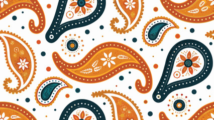 Vibrant orange and teal paisley pattern with floral designs on white background