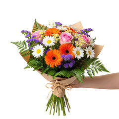 Hand-Held Vibrant Flower Bouquet in Kraft Paper on White Background &mdash; Joyful, Colorful, Thoughtful &mdash; Perfect for Gifting, Celebrations, or Floral Branding.
