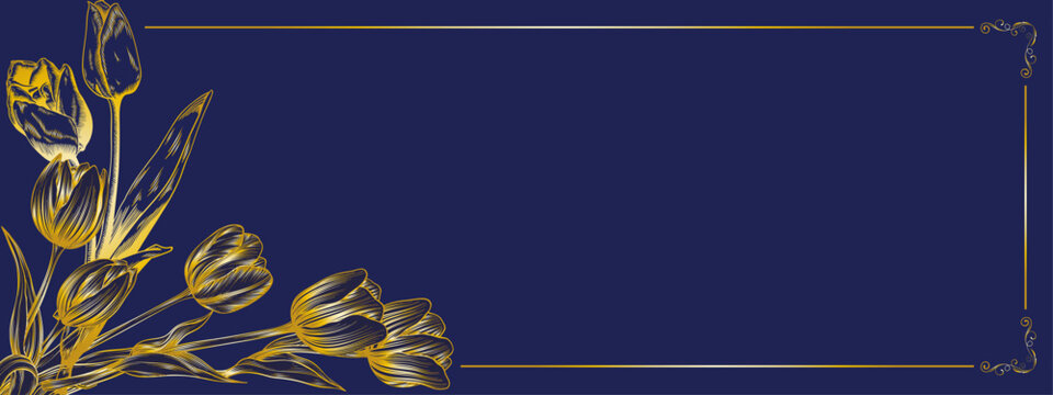 seamless continuous pattern of spring gold gradient tulips on a blue  background