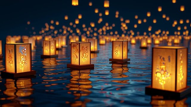 Japanese Obon lanterns floating on calm river at night