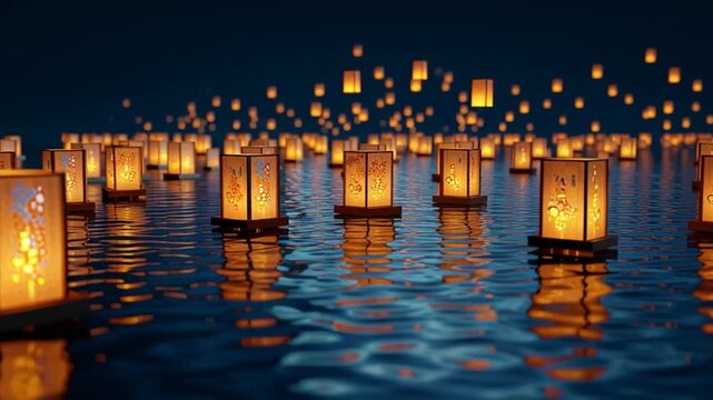 Japanese Obon lanterns floating on calm river at night