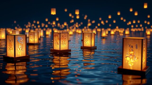 Japanese Obon lanterns floating on calm river at night