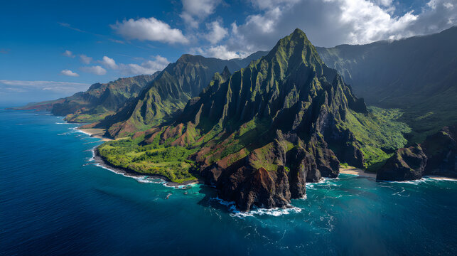 4K Dramatic aerial view of the rugged na pali coastline with lush green mountains meeting the turquoise pacific ocean, kauai, hawaii image