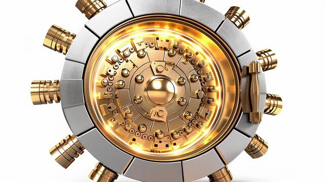 Glowing golden vault door with metallic handle and secure intricate locking mechanism design