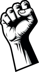 Powerful raised clenched fist vector illustration in black and white comic style symbolizing strength protest revolution unity power courage struggle and social justice © Vector Design Hub