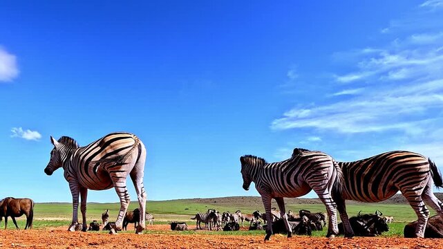 Low ground rear view of zebra swishing tails, captured from behind at low level