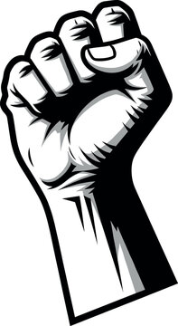 Powerful raised clenched fist vector illustration in black and white comic style symbolizing strength protest revolution unity power courage struggle and social justice