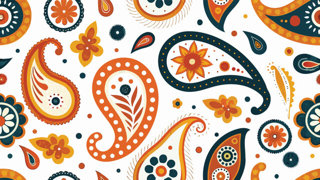 Vibrant paisley patterns blossom on white background with orange blue and yellow floral designs