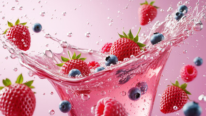 Strawberries, raspberries, and blueberries floating in soda water　ソーダ水に浮かぶイチゴとラズベリーとブルーベリー