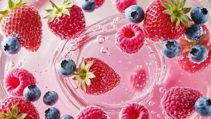 Strawberries, raspberries, and blueberries floating in soda water　ソーダ水に浮かぶイチゴとラズベリーとブルーベリー