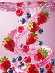 Strawberries, raspberries, and blueberries floating in soda water　ソーダ水に浮かぶイチゴとラズベリーとブルーベリー