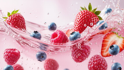 Strawberries, raspberries, and blueberries floating in soda water　ソーダ水に浮かぶイチゴとラズベリーとブルーベリー