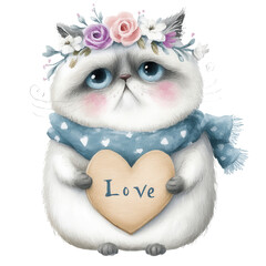 Obraz premium Cute fluffy cat wearing floral crown and scarf, holding heart-shaped sign with word Love, perfect for expressing affection, warmth, and cuteness in design projects