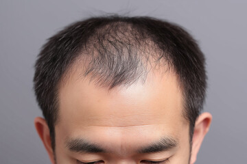 Obraz premium Close-up of a man's forehead showing receding hairline and thinning hair, male pattern baldness concept
