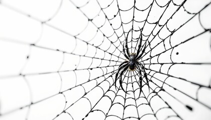 Obraz premium An intricate spider web set against a monochromatic background, creating a striking contrast between the detailed network and the solid white space.