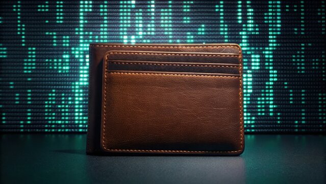 Digital Wallet with Flickering Code Background in Standard Format