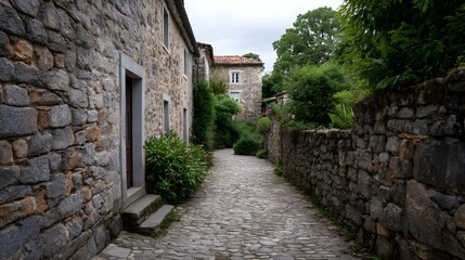 A narrow cobblestone path winds through a charming old European village with stone buildings and lush greenery