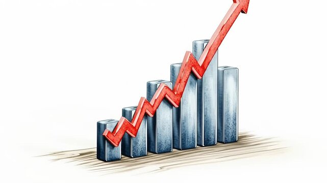 Rising red arrow and blue bar chart showing growth success business chart arrow bar graph trends