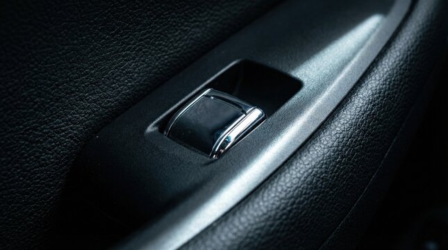 Modern chrome power window switch mechanism visible on a dark, textured car door panel in a vehicle interior for automotive detailing concept.