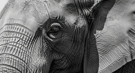 Majestic Elephants Eye and Textured Skin in Detailed Black and White Portrait.