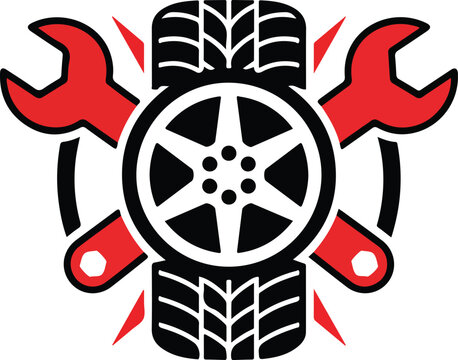 Professional automotive tire and wheel service emblem featuring crossed red wrenches