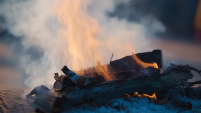 Hindu ceremony, last rites, hyper realistic, high quality, faceless, soft light, fading light, smoke, thinning smoke, fire, lower fire, subdued palette, warm-neutral  4K
