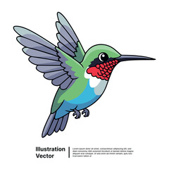 Obraz premium A vibrant green hummingbird in flight illustration showcasing its iridescent feathers and delicate wings, captured from a dynamic side viewpoint.